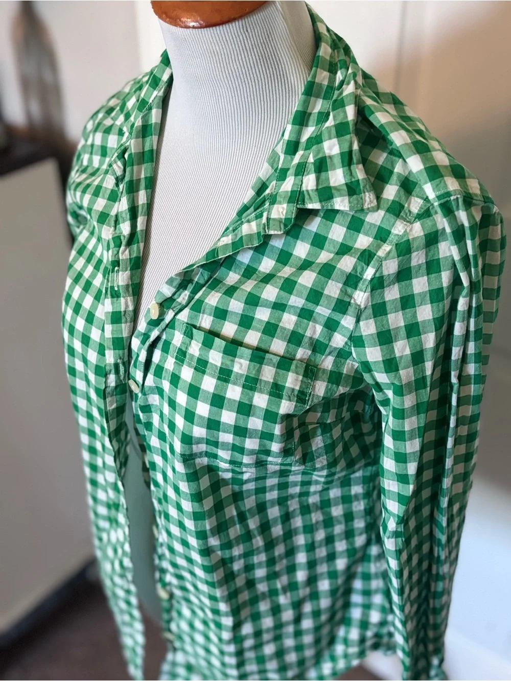 J CREW Green Gingham Button-Down Shirt - Women's Long Sleeve Top